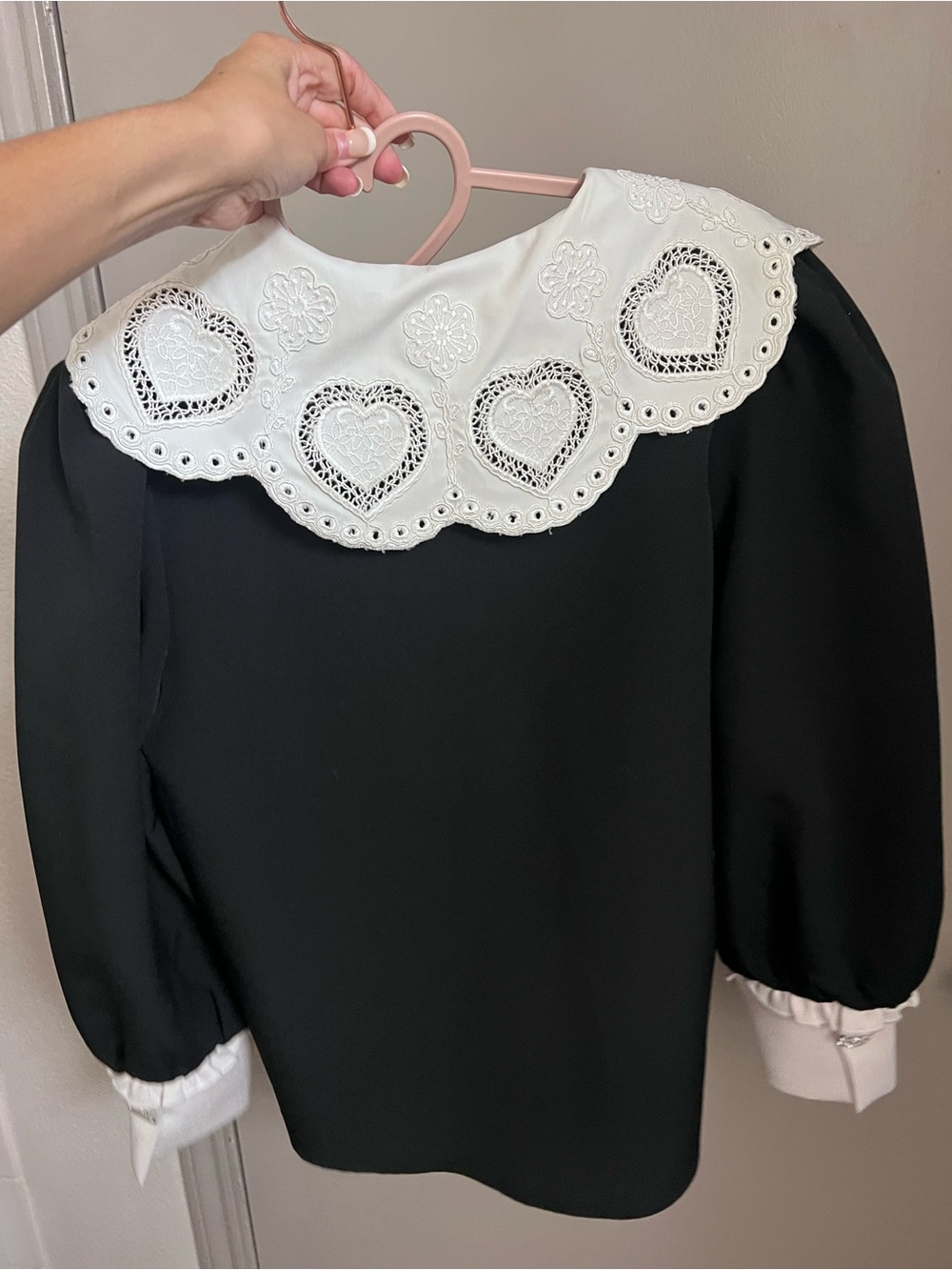 Sister Jane Black Top with White Embroidered Heart Collar
